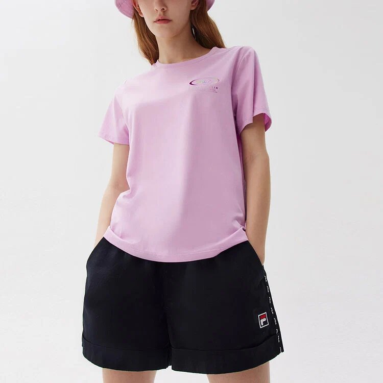 Camiseta deportiva casual de pantalones cortos con logo impreso, color púrpura