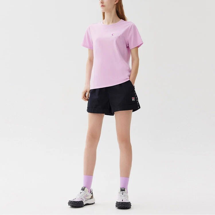 Camiseta deportiva casual de pantalones cortos con logo impreso, color púrpura