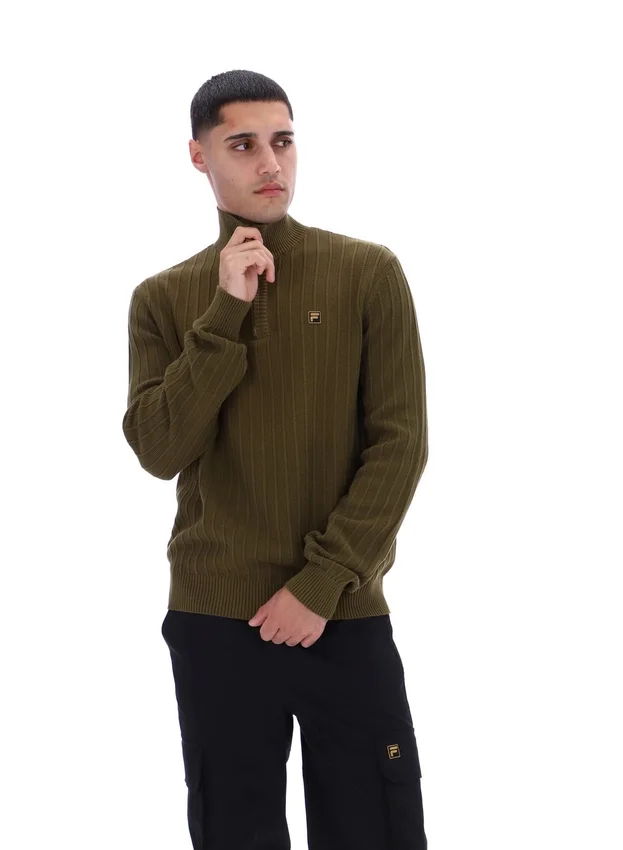 Jersey de punto texturizado con cuello de embudo y cremallera de 1/4 Stevie en verde oliva oscuro