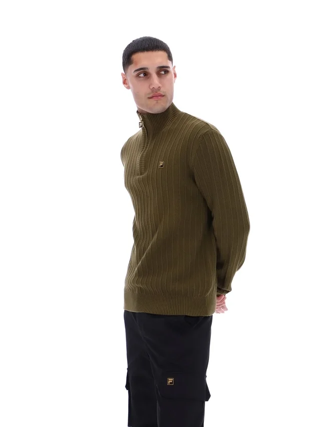 Jersey de punto texturizado con cuello de embudo y cremallera de 1/4 Stevie en verde oliva oscuro