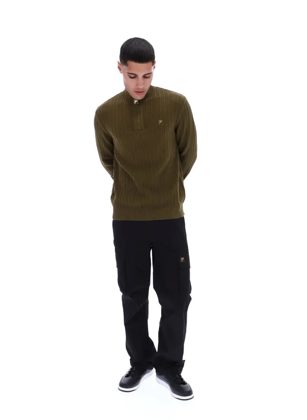 Jersey de punto texturizado con cuello de embudo y cremallera de 1/4 Stevie en verde oliva oscuro
