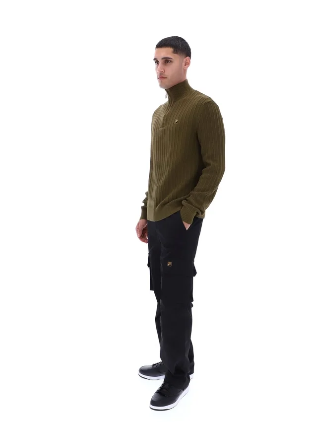 Jersey de punto texturizado con cuello de embudo y cremallera de 1/4 Stevie en verde oliva oscuro