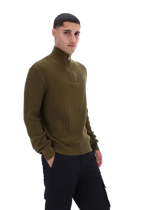Jersey de punto texturizado con cuello de embudo y cremallera de 1/4 Stevie en verde oliva oscuro