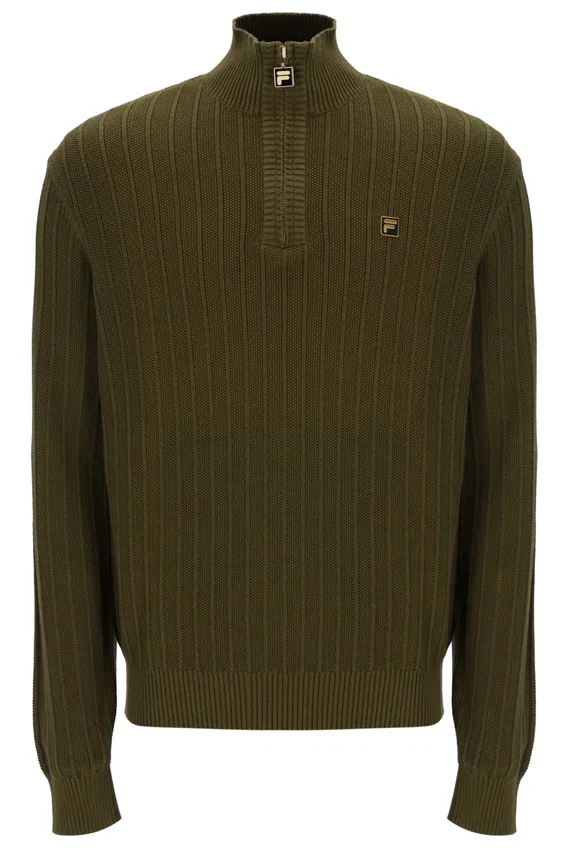 Jersey de punto texturizado con cuello de embudo y cremallera de 1/4 Stevie en verde oliva oscuro