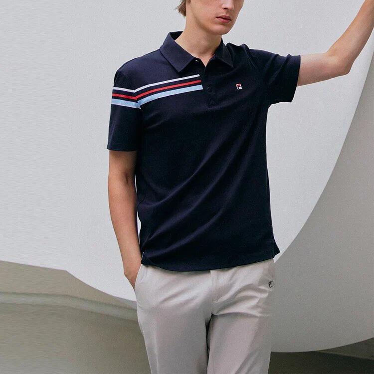 Polo deportivo casual de pantalones cortos con rayas de colores contrastantes para hombre, azul