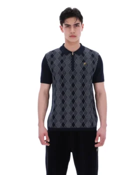 Polo negro de punto jacquard Castello con cremallera