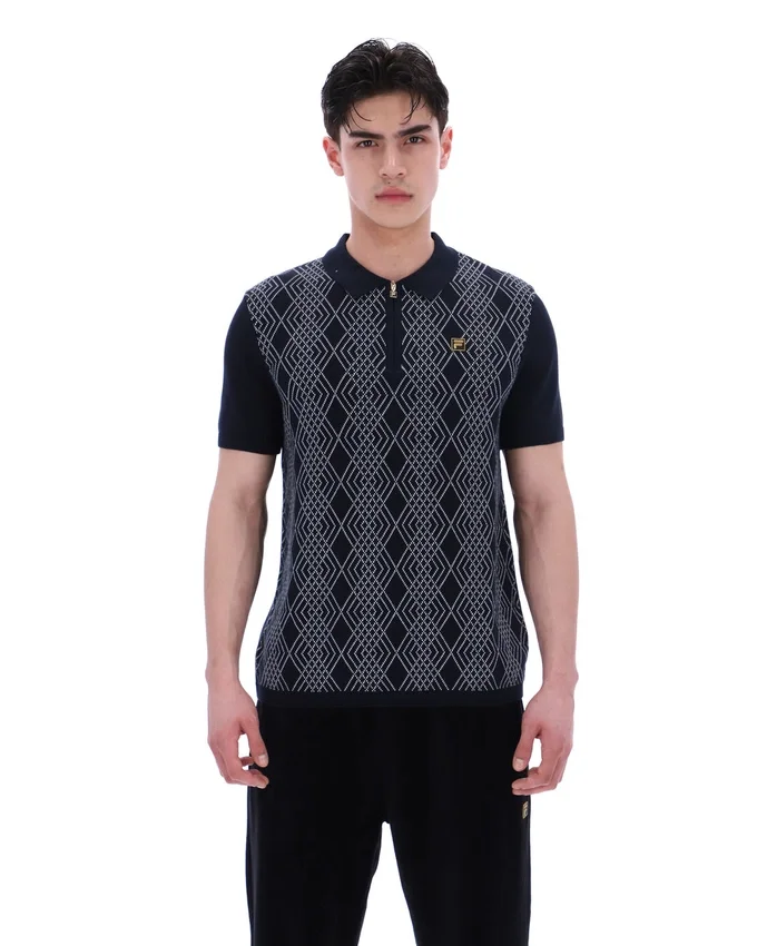 Polo negro de punto jacquard Castello con cremallera