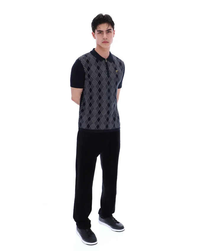 Polo negro de punto jacquard Castello con cremallera