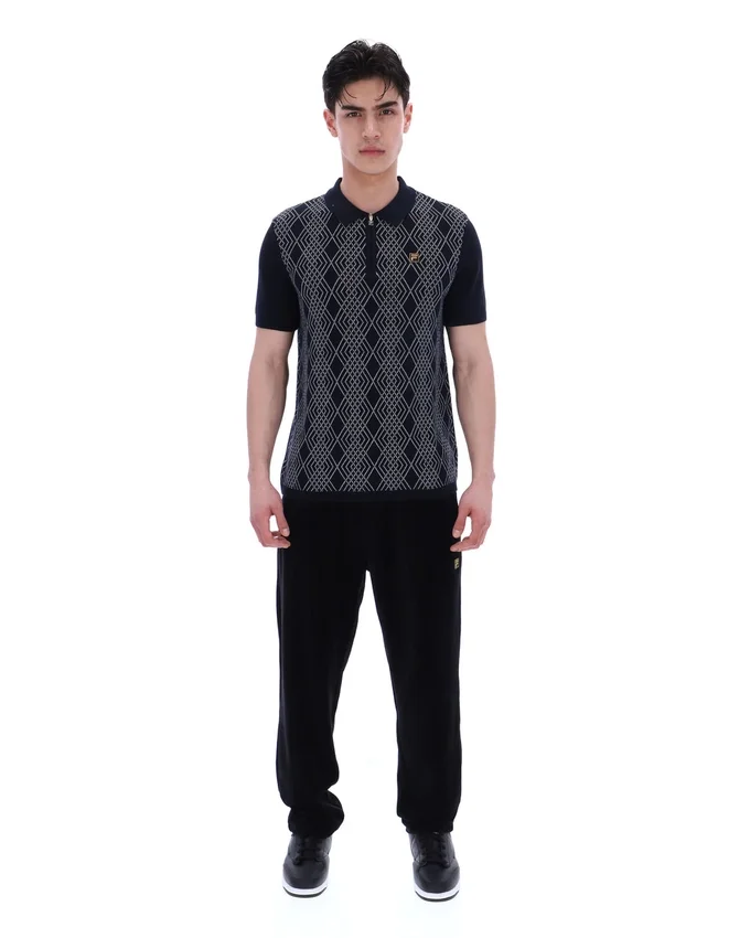 Polo negro de punto jacquard Castello con cremallera