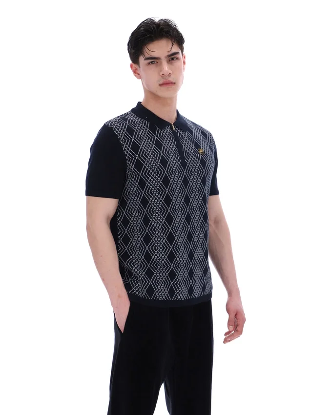 Polo negro de punto jacquard Castello con cremallera