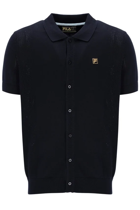 Polo Walter negro de punto abierto con paneles de punto calado