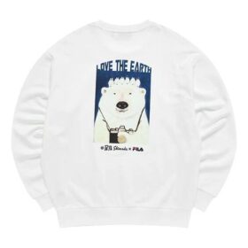Suéter deportivo de cuello redondo para hombre Fila x Pepe Shimada con estampado de caricaturas, blanco