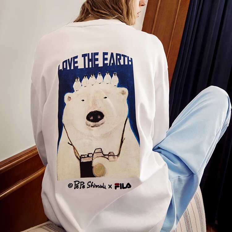 Suéter deportivo de cuello redondo para hombre Fila x Pepe Shimada con estampado de caricaturas, blanco